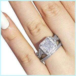 2 Piece Set Princess Cut Halo Engagement & Channel Pave' Wedding Ring